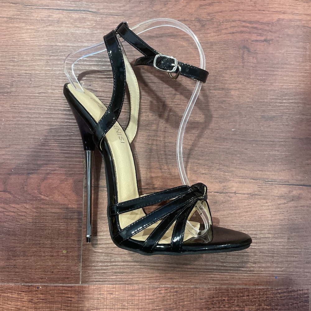 Black Metal Stiletto High Heel Sandals
